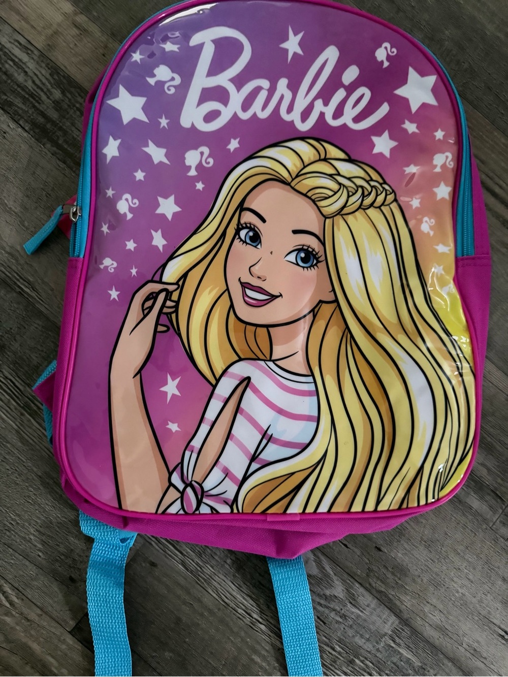 Barbie Pink Backpack with Blonde Doll Graphic and Turquoise Straps